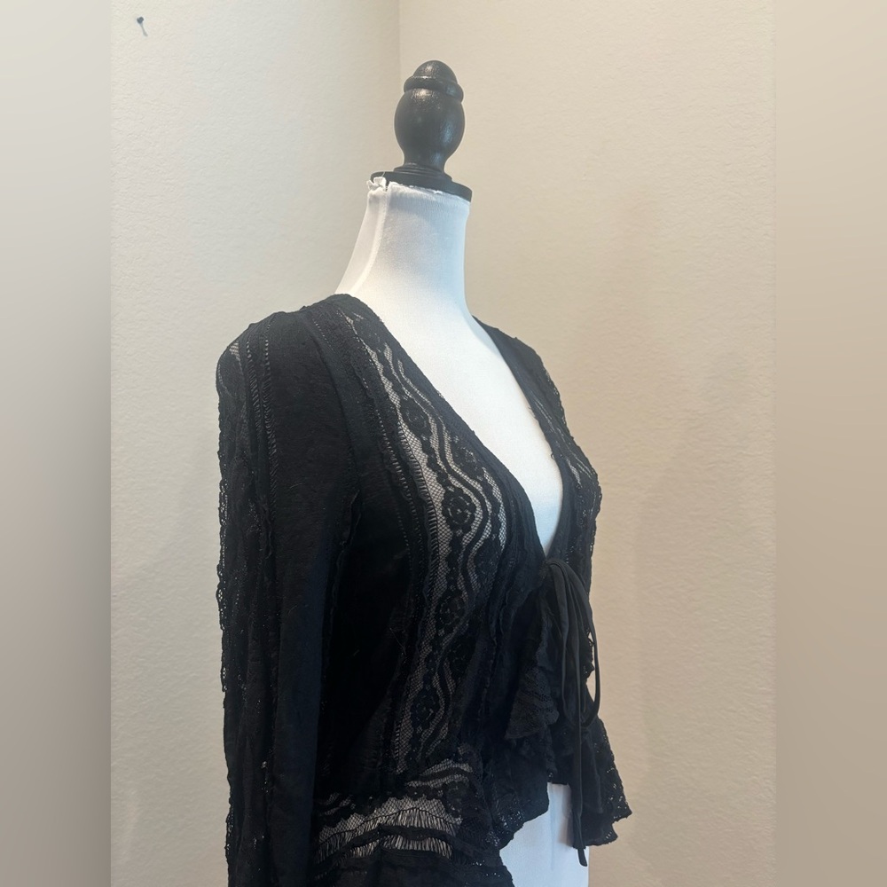Peach V-Neck Tie-Strap Cardigan Long-Sleeved Chiffon Bell Sleeves Lace Top - Picture 3 of 7